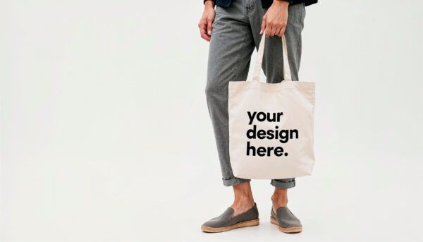 Close-up of a tote bag with text "Your Design Here" Canvas Tote Bag Small